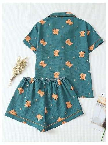 Verdusa Women's 2 Piece Pajama Sets Lightweight Fall Pajamas Cute Pj Set Button Shirt with Shorts Lounge Pjs thumbnail 2