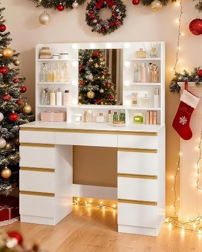 Hzuaneri 9 Drawers Vanity Desk with LED Light, Dressing Table with Large HD Mirror, 9 Open Storage Spaces Makeup Vanity for Bedroom, 3 Color Bulbs, White Gold DT35703XCA thumbnail 5