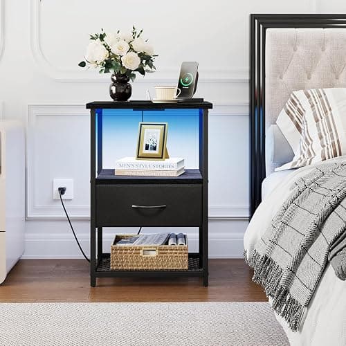 Fixwal Night Stand with Charging Station, LED Nightstand Side Table with Fabric Drawers PU Finish, End Tables Bedroom, Bedside Table, Black thumbnail 8