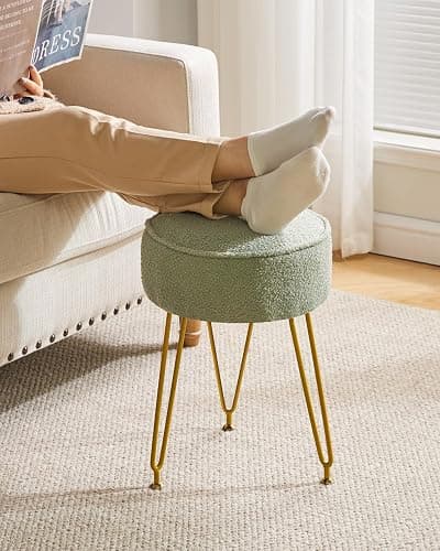 IBUYKE Teddy Velvet Round Footrest Stool Ottoman, Makeup Vanity Stool Side Table, Velvet Dressing Table Seat, Pouf Couch Stool, for Living Room Bedroom, Light Green WBD009D thumbnail 5