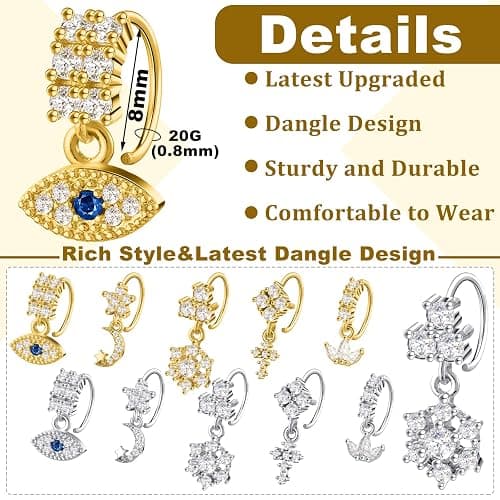 Misdary 10 Pcs 20g Dangle Nose Rings Hoops Dangling Nose Piercing Jewelry Evil Eye Star Moon Cross Cute Rings Cartilage Earring for Women thumbnail 2