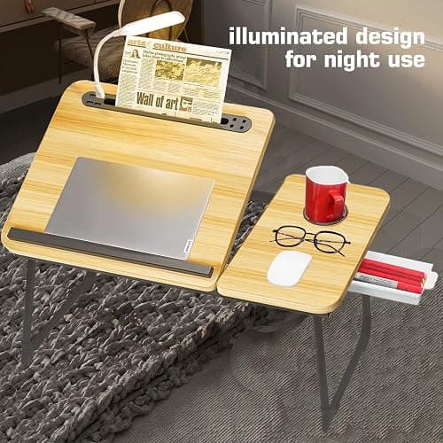 CloudTrip Plus XL Adjustable Laptop Desk with Light, USB Port, iPad Holder, Drawer Storage - Larger 23.6IN Adjustable Lap Desk for Bed, Home Office, Breakfast Tray, Fordable Legs Desk (Walnut) thumbnail 4