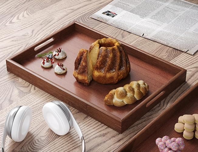Fibogollo Bamboo Set of 2 Serving Tray with Handles,Decorative Trays Platter,Breakfast Tray in Bed,Food Drinks Tray for Eating,Working,Storing(Brown) thumbnail 2