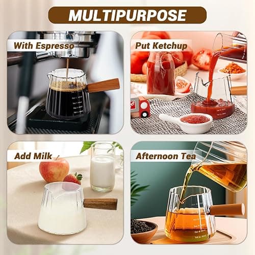 Espresso Measuring Cup 6 Oz, Espresso Glass Cups with Wood Handle, Milk Frothing Cup, Espresso Cup for Coffee, Milk, Tea or Maple Syrup Serving thumbnail 7