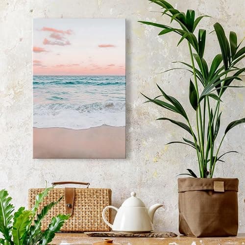 Modern Pastel Aesthetic Sunset Beach Wall Art Minimalist Serene Ocean Sky Canvas Picture Funny Trendy Romantic Blush Pink Wave Artwork for Office Bedroom Bathroom Decor 12x16inch Unframed thumbnail 6