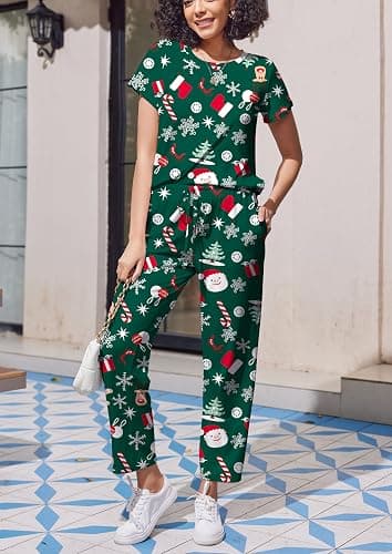 Ekouaer Pajama Sets for Women Round Neck Pjs Short Sleeve Sleepwear with Long Pants Loose Lounge Sets thumbnail 3