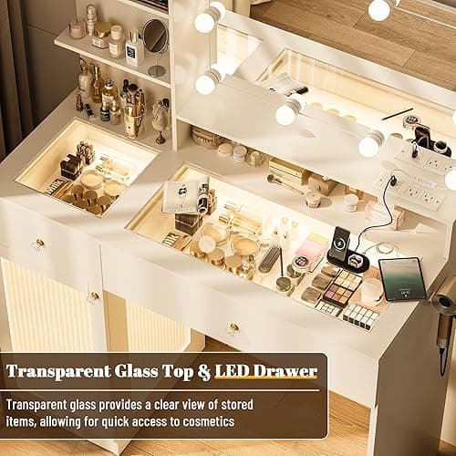 INNOD 40" Vanity Desk with Large Mirror and Lights, Modern Glass Top Makeup Vanity Set with Power Outlet, Drawers and Cabinet, 3 Lighting Color Adjustable Dressing Table for Bedroom,White thumbnail 4