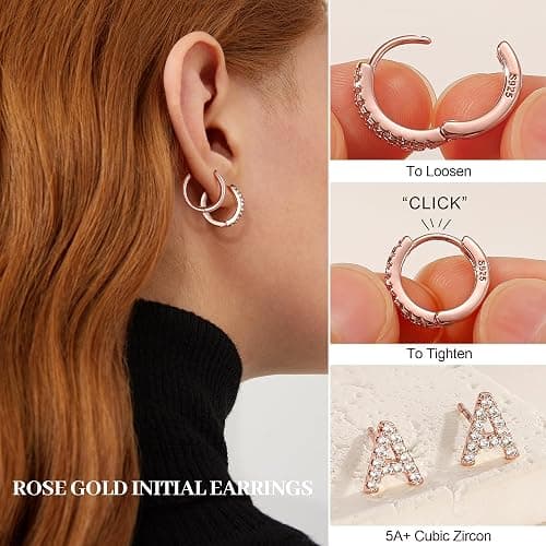 Ritach Gold Earrings for Women Girls - 3 Pairs Gold/Silver/Rose Gold Hoop Earrings for Women Girls CZ Initial Stud Earrings for Girls Hypoallergenic Earrings Set for Multiple Piercing thumbnail 5