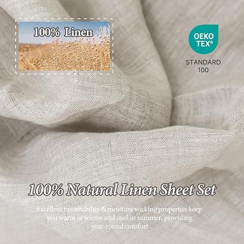 Simple&Opulence 100% Linen Sheets Queen Size Set, 4 Pcs Natural French Linen Bed Sheets, Breathable Soft Durable Bedding Set for All Season (Linen, Queen) thumbnail 3