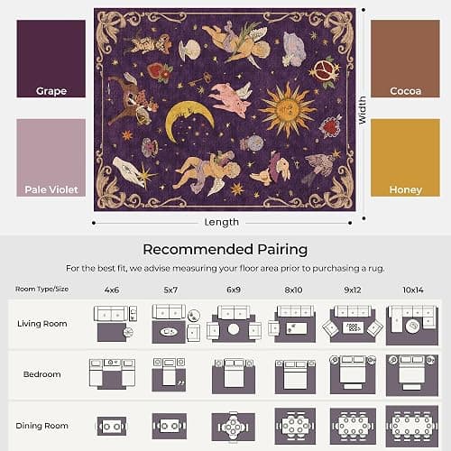 8x10 Celestial Sun Moon Unique Plum Dark Purple Soft Washable Area Rug | Low Pile Non-Slip Carpet with Vintage Whimsical Boho Decorative Pattern; Cottagecore Style for Living Rooms or Large Bedrooms thumbnail 3