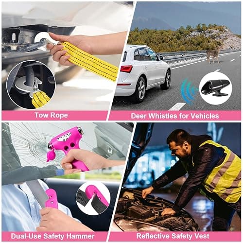 VEIYIE Car Emergency Kit with Portable Air Compressor, Pink Roadside Emergency Car Kit for Vehicles, 10FT Jumper Cables, Car Safety Kits Road Trip Essentials for Women, First Aid Kit, Tool Kit thumbnail 5