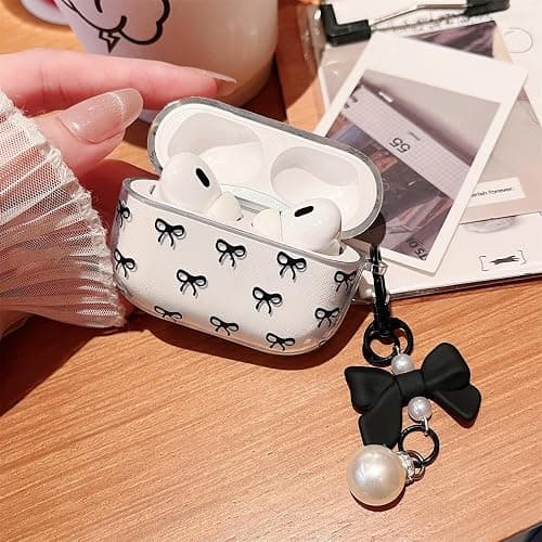 MINSCOSE Compatible with AirPods Pro 2 Clear Case,Cute Bow Pattern Pretty Ribbon Aesthetic Design with Bow Pearl Keychain,Soft TPU Protective Shockproof Case for Women Girl for AirPods Pro 2-Black thumbnail 6