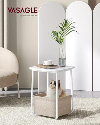 VASAGLE LILEA Collection - Side End Table with Fabric Basket, Modern Nightstand, Square Bedside Table, for Living Room, Bedroom, Matte White and Camel Brown ULET229W10 thumbnail 2