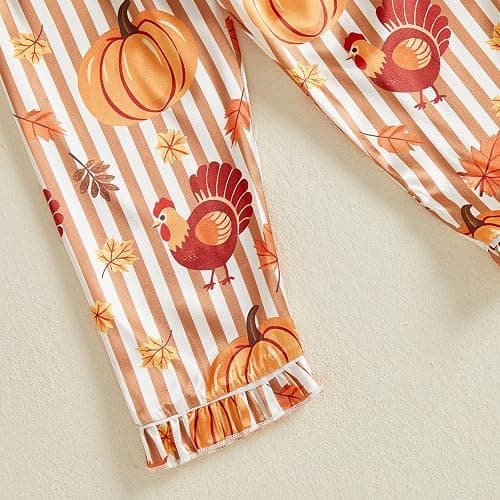 Kids Thanksgiving Pajamas Toddler Girl Turkey Pajama Shirt Pants Set | Little Girl Ruffle Cuffs Long Sleeve Button Down Shirt Stain Pants Set Loungewear Sleepwear Two Piece Pjs Set thumbnail 9