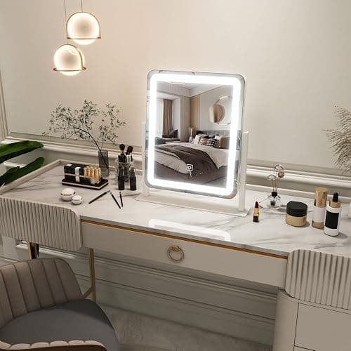 FENNIO Vanity Mirror with Lights - 15"x12.6" LED Lighted Makeup Mirror, Large Makeup Mirror with Lights, Touch Screen with 3-Color Lighting, Dimmable, for Vanity Desk Tabletop, Bedroom thumbnail 6