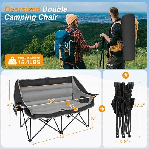 Suteck Double Camping Chair, 660lbs Oversized Camping Couch w/Independent Seats, Folding Camping Loveseat w/2 Cup & Wine Glass Holders, 1200D Oxford, Side Pocket & Carry Bag, for Camping, Lawn, Patio thumbnail 2
