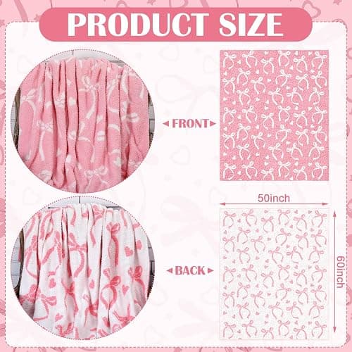 Hillsuren Valentine's Day Pink Bow Throw Blanket and Pillow Set Include Coquette Blanket 50 x 60 Inch and Pink Bow Plush Throw Pillows Cushion for Girls Women Gift Couch Sofa Bed Nursery Preppy Room thumbnail 3