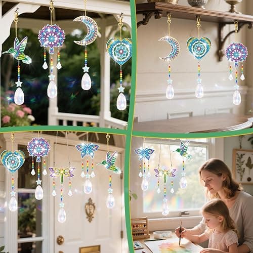 6 Pcs Diamonds Paintings Suncatcher, Double Sided 3D Diamonds Paintings Wind Chime Paint by Number, Diamond Paintings Hanging Ornaments for Adults Home Garden thumbnail 7