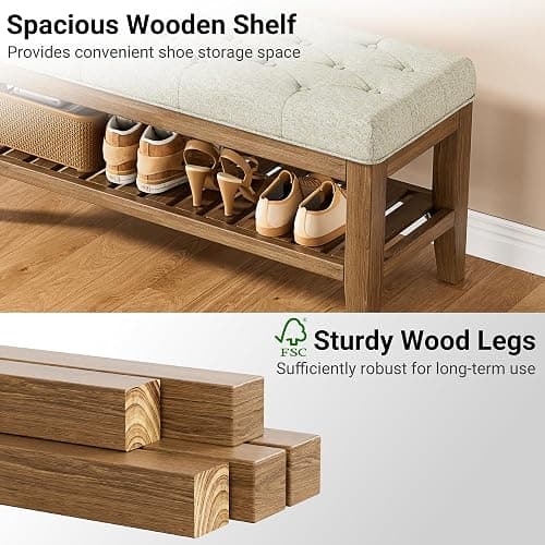 YaFiti End of Bed Storage Bench, 42.9" Entryway Shoe Bench with Solid Wood Shelf, Upholstered Ottoman with Padded Seat for Bedroom, Hallway and Living Room, Beige thumbnail 2