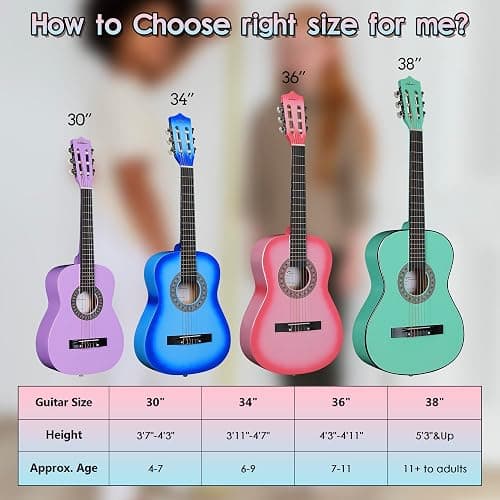 ADM Beginner Acoustic Classical Guitar 30 Inch Nylon Strings Wooden Guitar Bundle Kit for Kid Boy Girl Student Youth Guitarra Online Lessons with Gig Bag, Strap, Tuner, Extra Strings, Picks,Pink 1 - 30 Inch - Hot Pink thumbnail 6