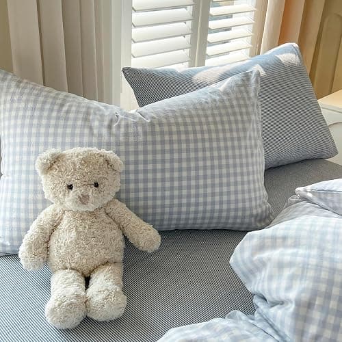 mixinni Gingham Comforter Set Twin XL Size - 3 Piece Light Blue Plaid Farmhouse Bedding, Soft Washed Cotton All-Season Comforter & Pillow Shams, Grid Pattern Classic Style for Boys Girls thumbnail 8