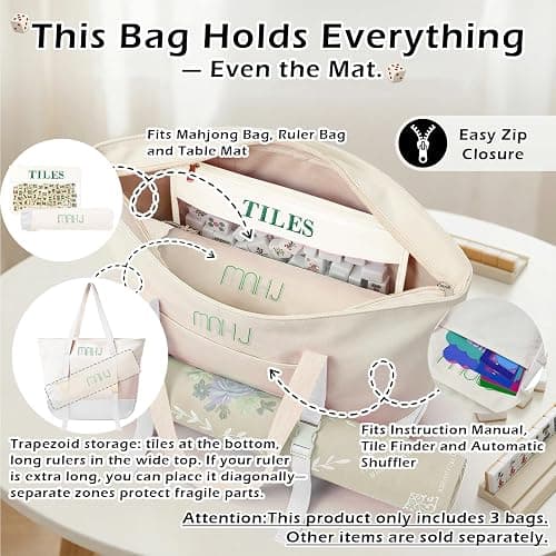 Mykng Nzw 3Pcs Canvas Mahjong Tile Bag Set for Tiles and Racks, Beige | Canvas Tote Bag with Mat Holder Accessories Organizer,Portable Mahjong Case Drawstring Protective Sleeve for Rack Pushers thumbnail 3