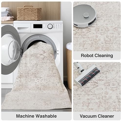 FMFUNCTEX 4x6 Washable Area Rug Neutral Vintage Beige Distressed Non Slip Low Pile Traditional Indoor Carpet for Living Room Bedroom Soft Retro Mat Throw Rug for Dining Office Kitchen Dorm Entryway thumbnail 5