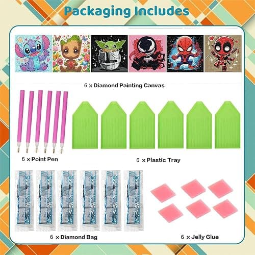 Sretoul 6 Pack Cartoon Diamond Art Kits for Kids- 6 Pack Small Diamond Art Painting, Arts and Crafts for Kids Ages 4-8-12 6X6 Inch thumbnail 2