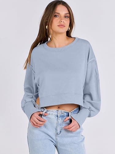 ANRABESS Womens Cropped Sweatshirts Oversized Crewneck Long Sleeve Tops 2026 Spring Winter Loose Pullover Teen Girls Clothes thumbnail 5