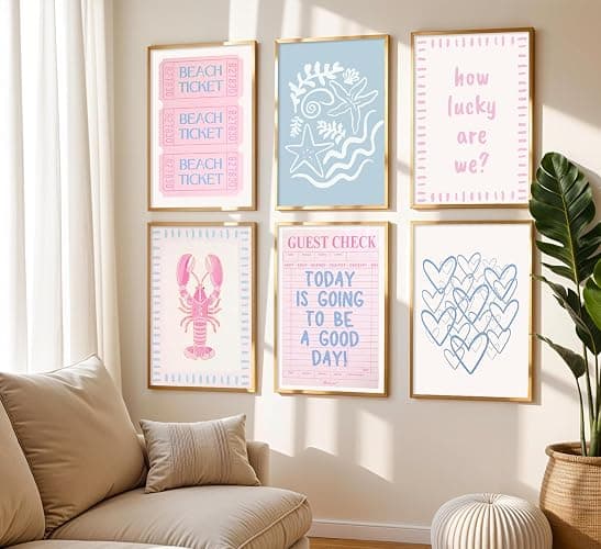 Pink Blue Beach Preppy Wall Art Coastal Granddaughter Aesthetic Summer Picture Wall Decor Trendy Beach Ticket Starfish Poster Lucky Heart Painting Print Artwork for Girly Room Dorm Apartment, Unframed thumbnail 2