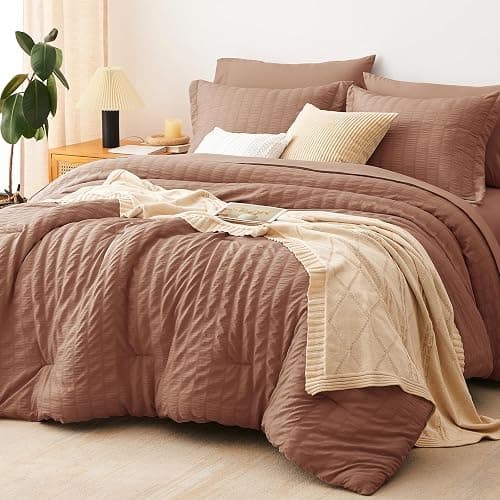 CozyLux Queen Comforter Set Mocha Mousse Seersucker 7 Pieces Bed in a Bag Queen Comforter Set with Sheets, Luxury Bedding Sets with Down Alternative Comforter, Sheets, Pillowcases & Shams All Seasons - Image 1