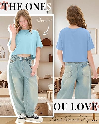 LessonZoo 4 Pack Girls Crop Tops 5-14Y Short Sleeve T-Shirts Tween Crew Neck Teen Oversized Cute Cropped Summer Athletic Tee thumbnail 5