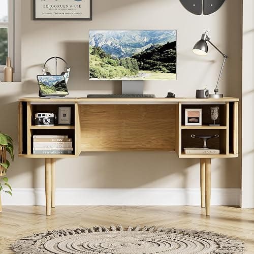 Furniway 55" Modern Writing Desk, Wood Home Office Desk, Natural | Sliding Door Storage, Computer Desk for Study, Bedroom, Living Room & Dorm thumbnail 5