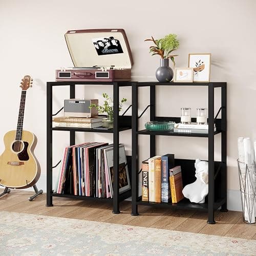 Hosfais 3 Tier Record Player Stand, Retro Vinyl Record Storage End Table Records for Living Room Bedroom (Black) thumbnail 6