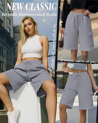 JoyMotion Women's Waffle Cargo Bermuda Shorts | Knee Length Sweatshorts, Wide Leg Shorts, with Elastic Waist Pocket, Casual Summer Clothes, Workout Lounge, Breathable Fabric thumbnail 2