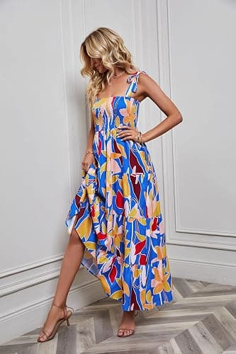 kinstell Women's Summer Boho Spaghetti Strap Square Neck Ruffle Casual Flowy Long Dress Beach Swing Party Maxi Dress thumbnail 5
