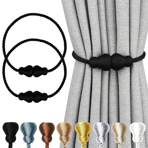 Nieffeiy Magnetic Curtain Tiebacks Outdoor Curtain Tie Backs Rope Decorative Magnetic Curtain Holders for Drapes Window Treatment Holdbacks, Black 2Pack - Image 1