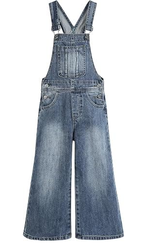 KIDSCOOL Girls Denim Overalls, Little Big Wide-Leg Jean Dungarees Pants | Breathable Soft Cotton Denim,Baggy Overalls,Loose Fit Jeans Jumpsuit , Overall Flare Pants for Teens - Image 1