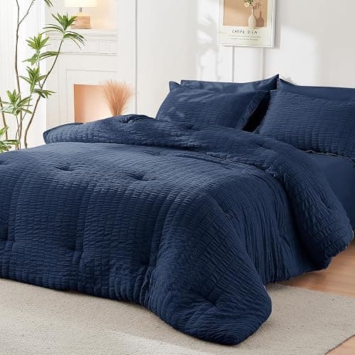 HYMOKEGE Navy Blue Full Size Comforter Sets Seersucker 7 Pieces, All Season Luxury Bed in a Bag for Bedroom, Bedding Set with Comforters, Sheets, Pillowcases & Shams thumbnail 8