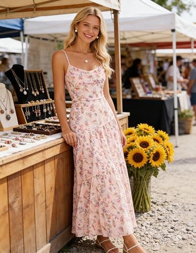 ZESICA Women's Summer Floral Sleeveless Maxi Dress 2026 Boho Mesh Beach Wedding Guest Spaghetti Strap Flowy Long Dresses thumbnail 7