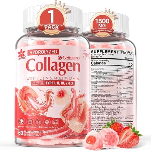Collagen Peptide Gummies for Women & Men Sugar-Free, Multi Collagen Hydrolyzed w/ 1500mg Protein Type I,II,III,V,X, 5000mcg Biotin, Methylated B12, Vitamin C A E D3 B6 for Skin Hair Nails, Bone, 60Cts - Image 1