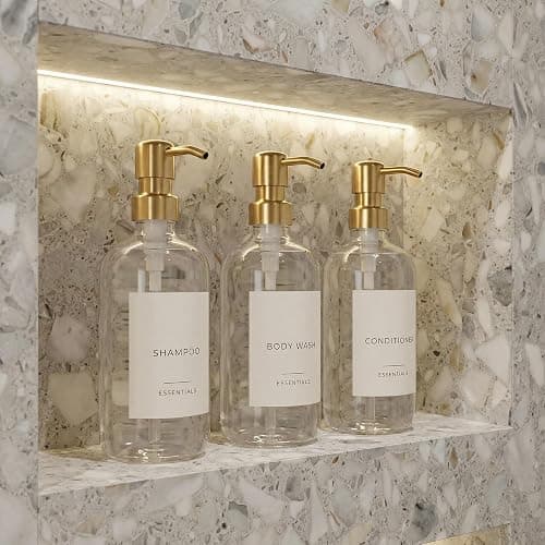 Stylish Shampoo and Conditioner Dispenser Set of 3 - Modern 21oz Shower Soap Bottles with Pump and Labels - Easy to Refill Body Wash Dispensers for an Instant Bathroom Decor Upgrade Clear - Image 1
