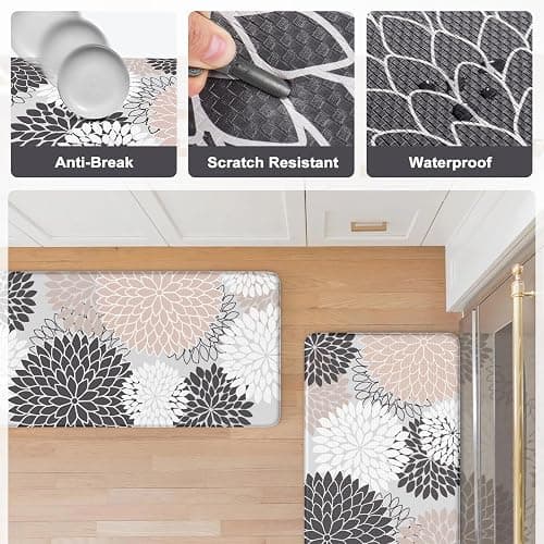 Kitchen Rugs and Mats Cushioned Anti Fatigue Kitchen Mat 2PCS Non-Skid Waterproof Boho Kitchen Runner Rug Comfort Foam Standing Mat for Office,Laundry,Kitchen Sink,Grey Floral thumbnail 7