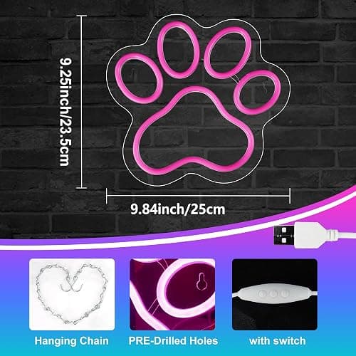 Aslanka LED Cat Dog Paw Neon Sign, Dimmable Led Doggy Foot Print Neon Light for Wall Decor, USB Powered Lighted Acrylic Kitten Sign for Living Room Bedroom Doghouse Pet Shop Daughter Girls Gifts-Pink thumbnail 2