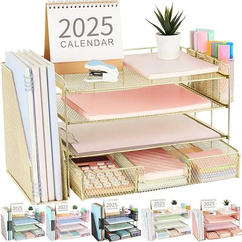 Gianotter Paper Letter Tray Organizer with File Holder, 4-Tier Desk Accessories & Workspace Organizer with Drawer and 2 Pen Holders - Gold - Image 1