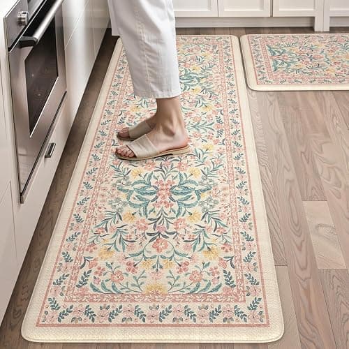 Collive Kitchen Mats Cushioned Anti Fatigue, Waterproof Kitchen Floor Mat Non Slip Desk Rugs Comfort Standing Rug, Pink Floral Carpets for Sink, Office, Laundry, Home Decor, 20" x 47" + 20" x 32" - Image 1