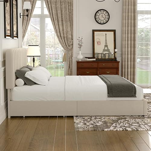 VECELO Full Size Upholstered Bed Frame with 4 Drawers and Headboard, Velvet Platform Storage Bedframe, Wooden Slats Support, No Box Spring Needed,Beige thumbnail 6