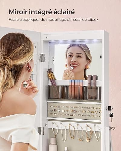 SONGMICS Armoire à Bijoux avec Miroir LED sur Pied, Armoire à Bijoux avec Miroir Pleine Longueur, Organisateur de Bijoux Gain de Place, Tiroir et Étagère, Blanc Nuage JJC025W01 thumbnail 5