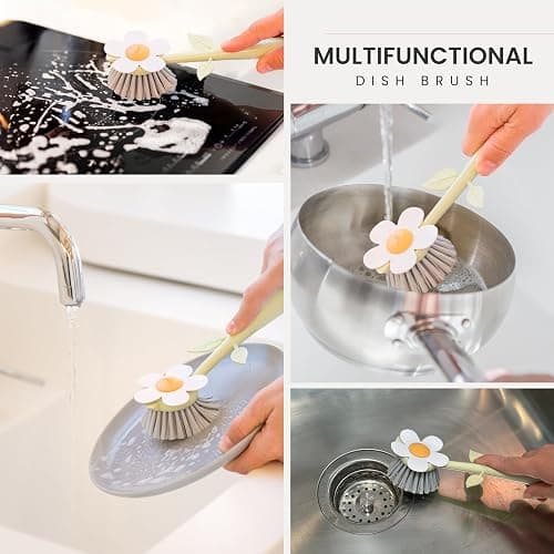 Vigar Florganic Daisy-Shaped Dish Brush with Vase Dish Brush Holder, Dish Brush with Handle, for Pot Scrubber, Kitchen Dishes, and Sink Cleaning, Pink thumbnail 5
