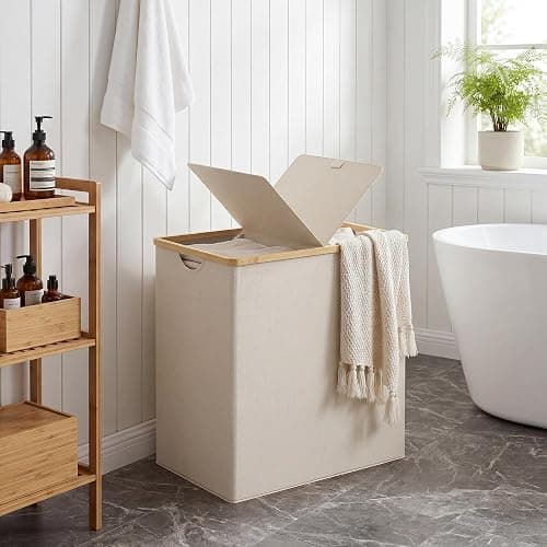 efluky Laundry Hamper with Lid, Double Laundry Basket with 2 Removable Bags, 2 Section Laundry Bin with Bamboo Handles for Bathroom, Bedroom & Laundry Room, 140L (36.9 Gallon) Beige thumbnail 2